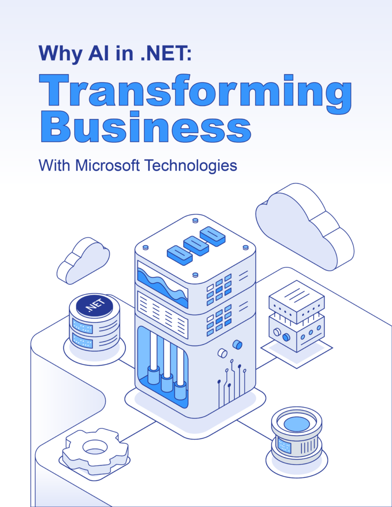 A detailed infographic illustrating the benefits and challenges of AI in .NET, emphasizing business transformation through Microsoft technologies.