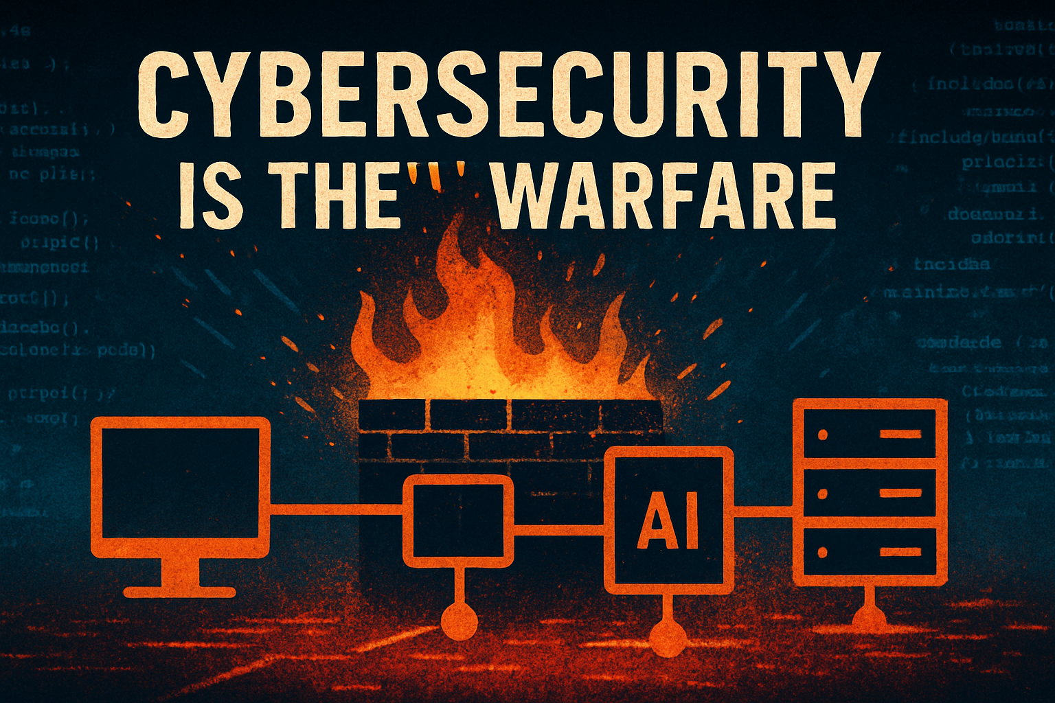 Digital illustration showing a burning firewall surrounded by network icons labeled AI, servers, and monitors. The phrase 'Cybersecurity Is the New Warfare' appears above a fiery backdrop, symbolizing digital conflict and infrastructure vulnerability.