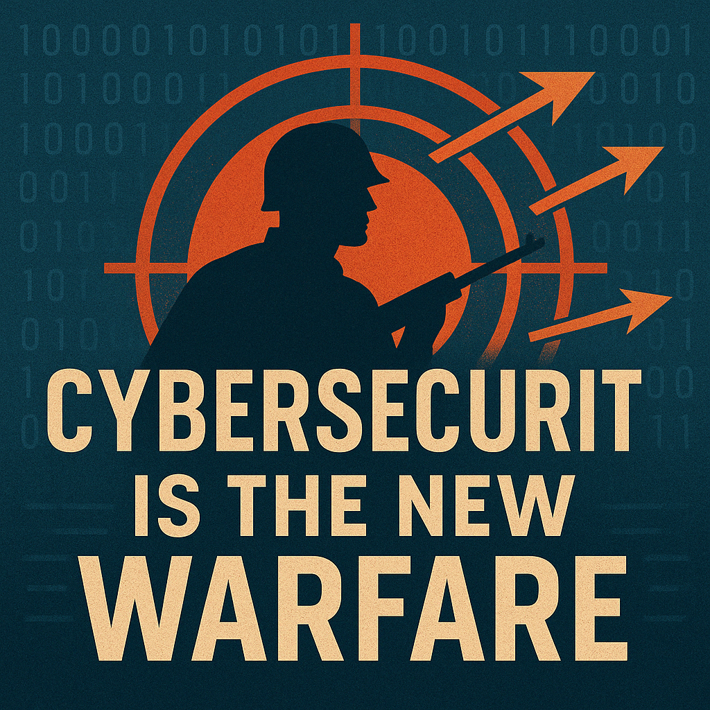 Vintage propaganda-style graphic showing the silhouette of a soldier in front of a red target, with binary code in the background and the text 'Cybersecurity Is the New Warfare,' blending digital and traditional war motifs.