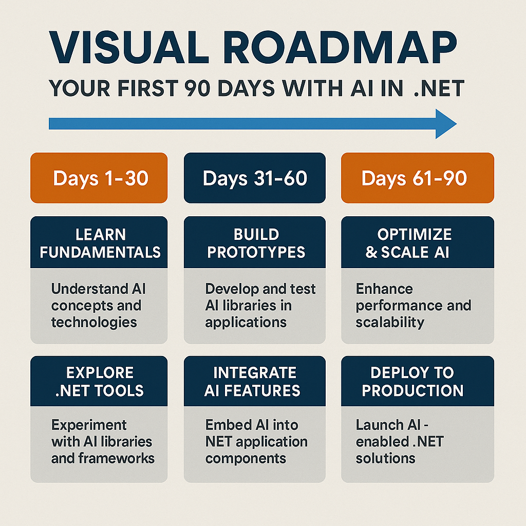 Square infographic titled “Visual Roadmap: Your First 90 Days with AI in .NET.” The roadmap is split into three 30-day phases with colored headers and blocks underneath:

Days 1–30: Learn fundamentals and explore .NET tools

Days 31–60: Build prototypes and integrate AI features

Days 61–90: Optimize, scale, and deploy to production
Each block includes a concise description of objectives, creating a clean and structured guide for developers adopting AI in .NET.