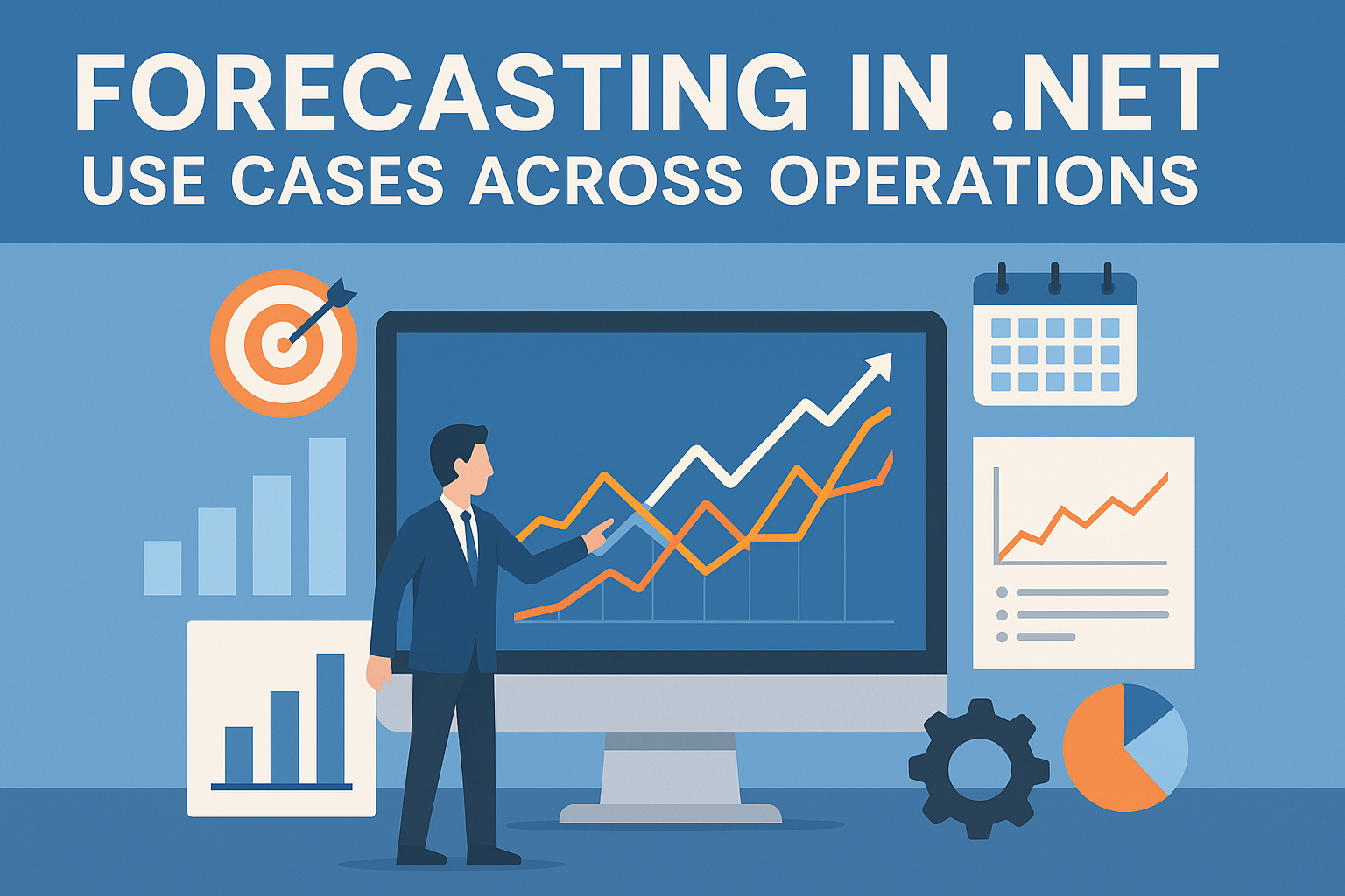 Flat-style digital illustration showing “Forecasting in .NET” with a business analyst interacting with charts on a monitor, representing operational forecasting using .NET tools.