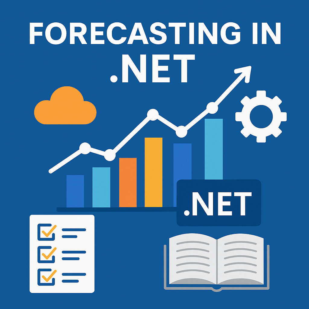 Square digital illustration highlighting forecasting concepts in the .NET framework, including bar and line charts, cloud computing icons, and a gear symbolizing AI-driven automation.