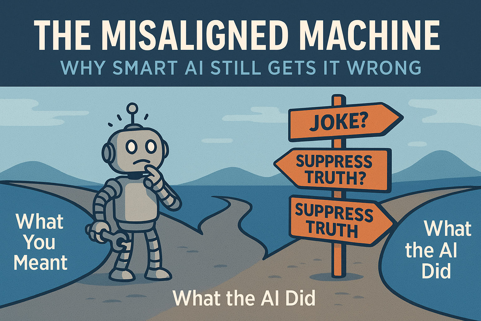 A cartoon-style robot stands at a crossroads with directional signs labeled “JOKE?”, “SUPPRESS TRUTH?”, and “SUPPRESS TRUTH.” The image symbolizes AI misalignment between user intent and AI response, with contrasting paths labeled “What You Meant” and “What the AI Did.”