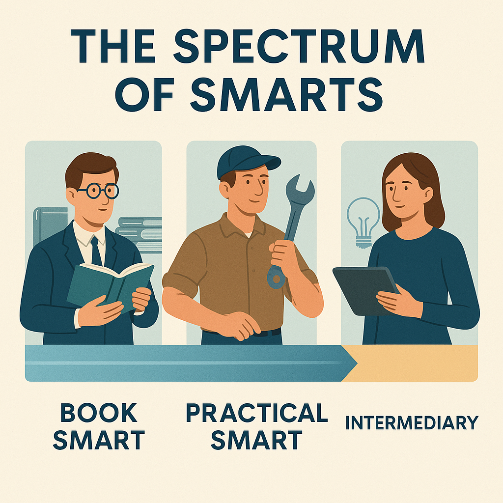 A clean infographic showing three illustrated personas labeled “Book Smart,” “Practical Smart,” and “Intermediary.” The image represents different human intelligence types and the importance of integrators in bridging theory and application.