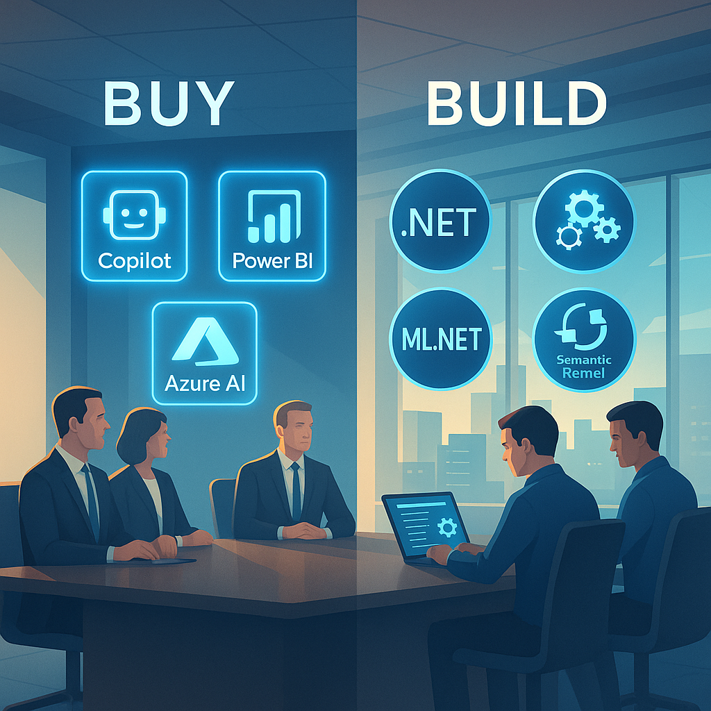 Square image showing executives evaluating AI software tools and developers building custom Microsoft-based AI systems using .NET, ML.NET, and Semantic Kernel in a corporate boardroom.