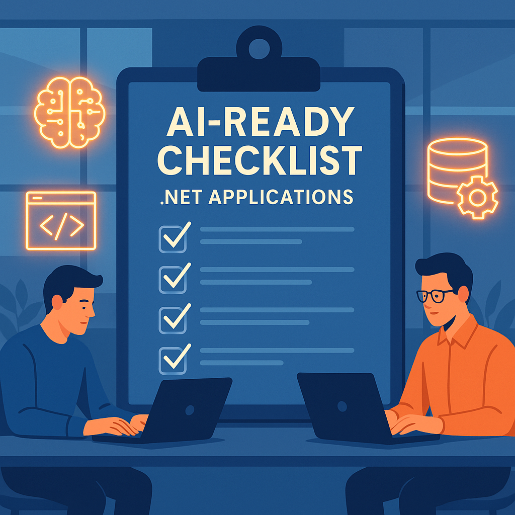 Square image showing developers reviewing an AI readiness checklist for .NET applications, with icons for code, databases, and AI in a modern workspace.
