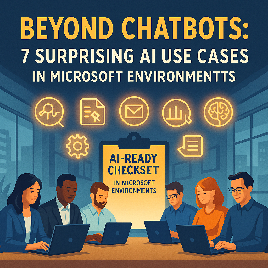 Square image depicting Microsoft AI use cases beyond chatbots, with diverse professionals working on laptops under icons symbolizing data analysis, automation, and intelligence